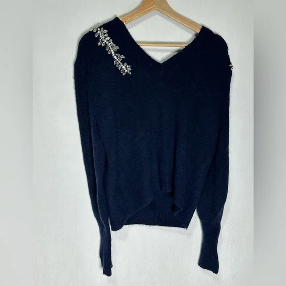 Veronica Beard Navy Crystal Embellished V-Back‎ Sweater XS Rhinestone Applique - Picture 4 of 5